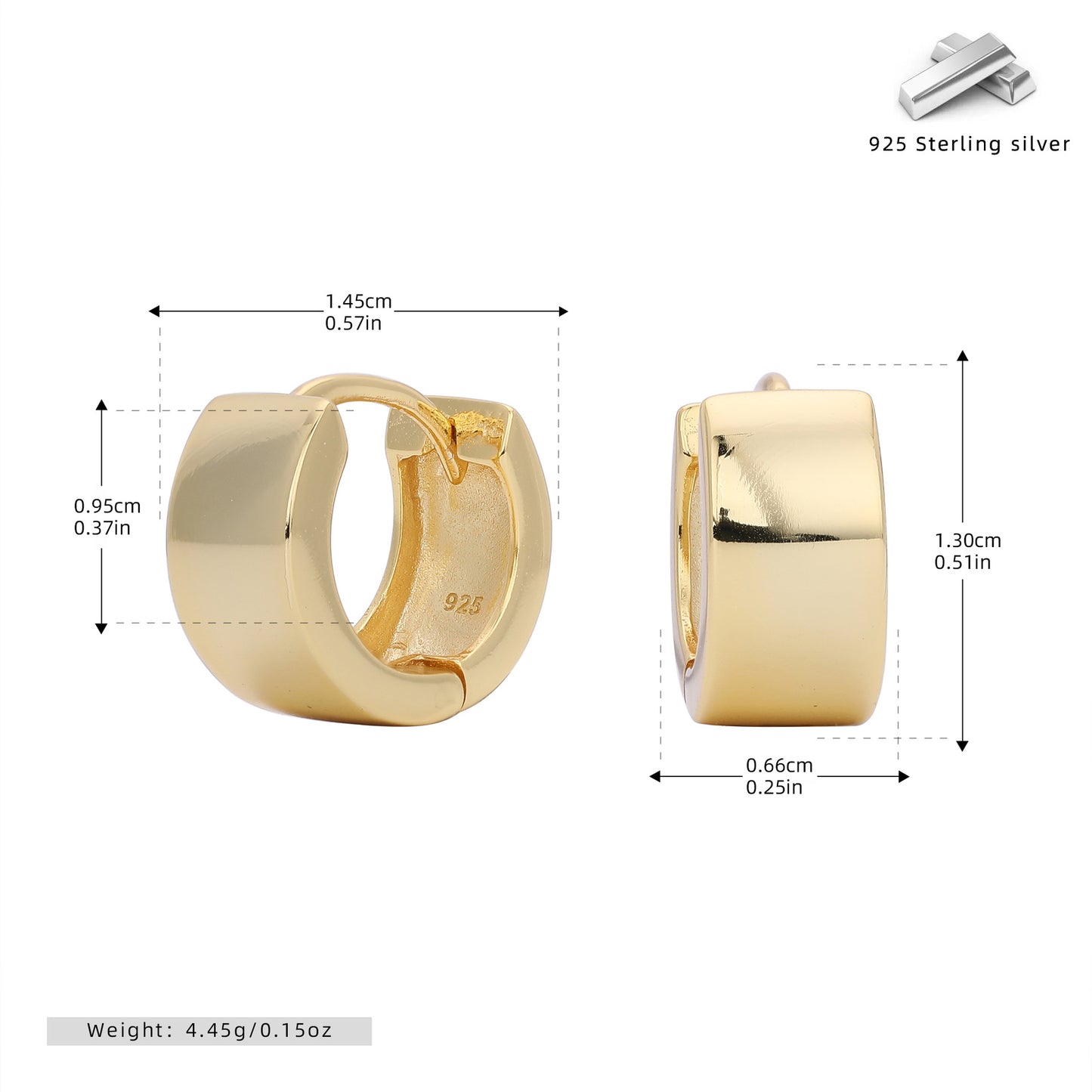 Gold hoop earrings with measurements on a white background