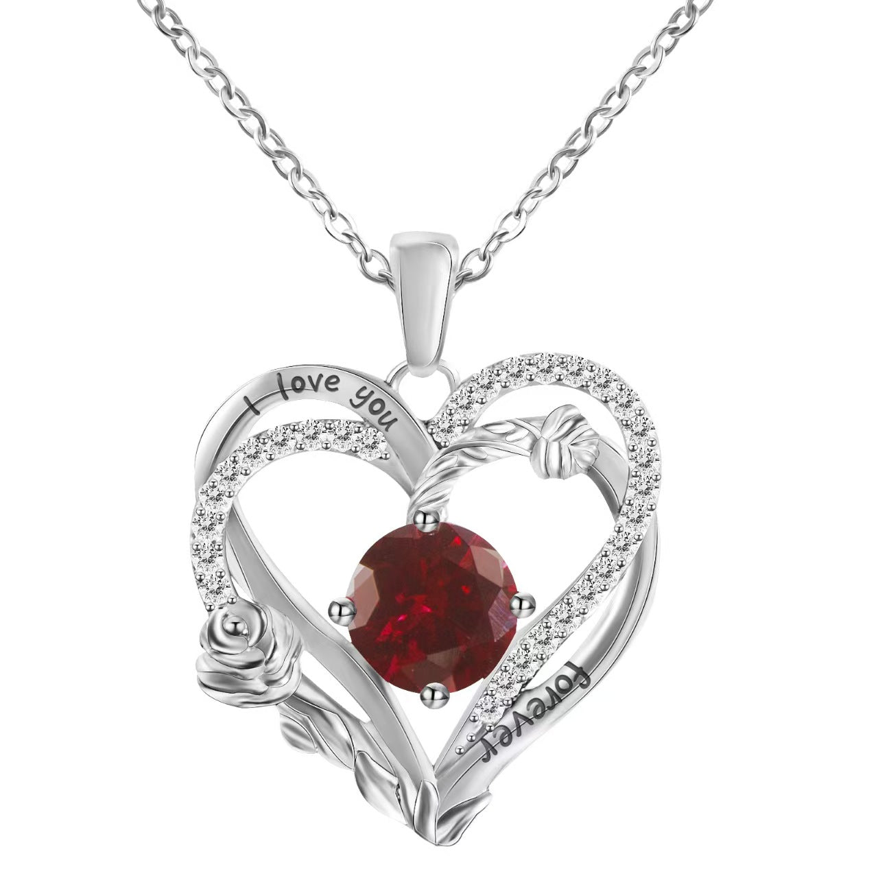 Heart-shaped silver pendant with a red gemstone and 'I love you' engraving on a white background