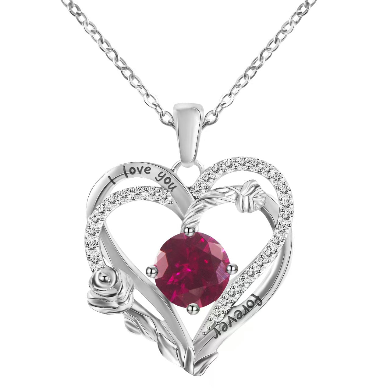 Heart-shaped silver pendant with a red gemstone and 'I love you' engraving on a white background