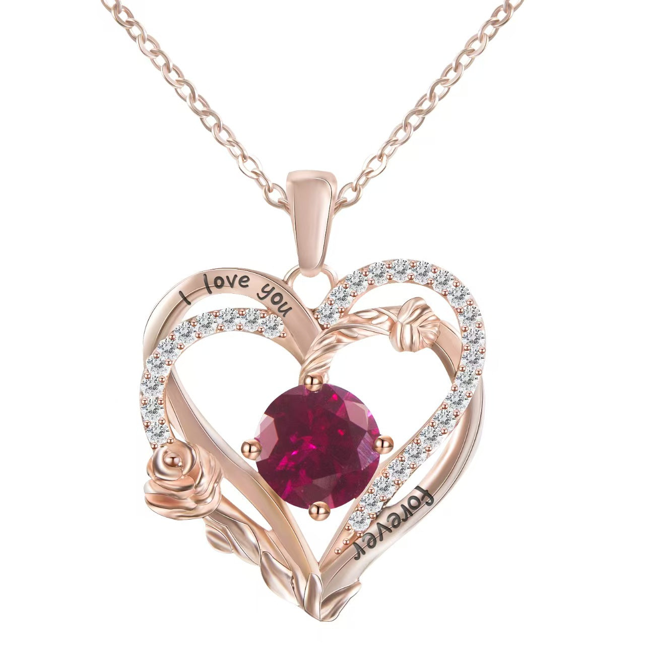 Heart-shaped pendant with rose gold frame and red gemstone on a white background