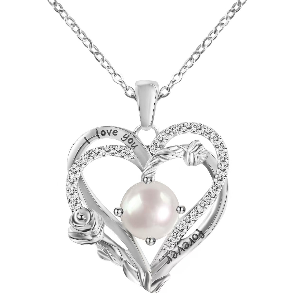 Heart-shaped silver pendant with a pearl and 'I love you' engraving on a white background