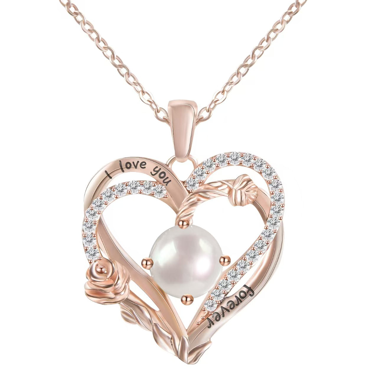 Rose gold heart-shaped necklace with a pearl and 'I love you' engraving on a white background