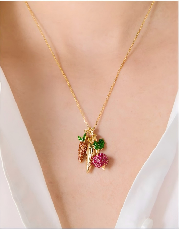 Necklace worn with a casual denim shirt or linen dress, styled for a fresh, approachable look. Alt: “Fresh & Fun Style: Kate Spade Veggie Necklace for Everyday Wear.”
