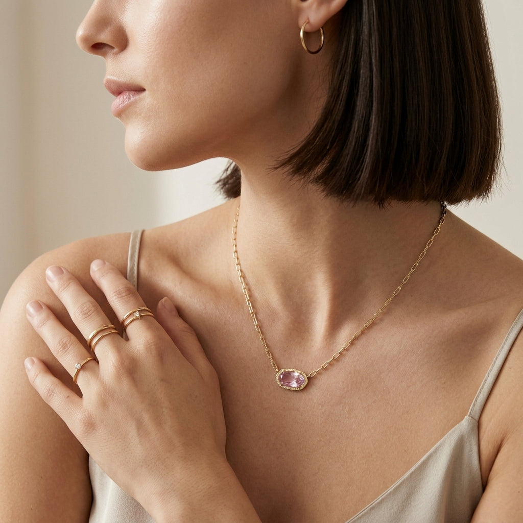A close-up lifestyle shot of a woman wearing a delicate gold chain necklace with a small oval pink gemstone pendant, styled with gold rings and a gold hoop earring.