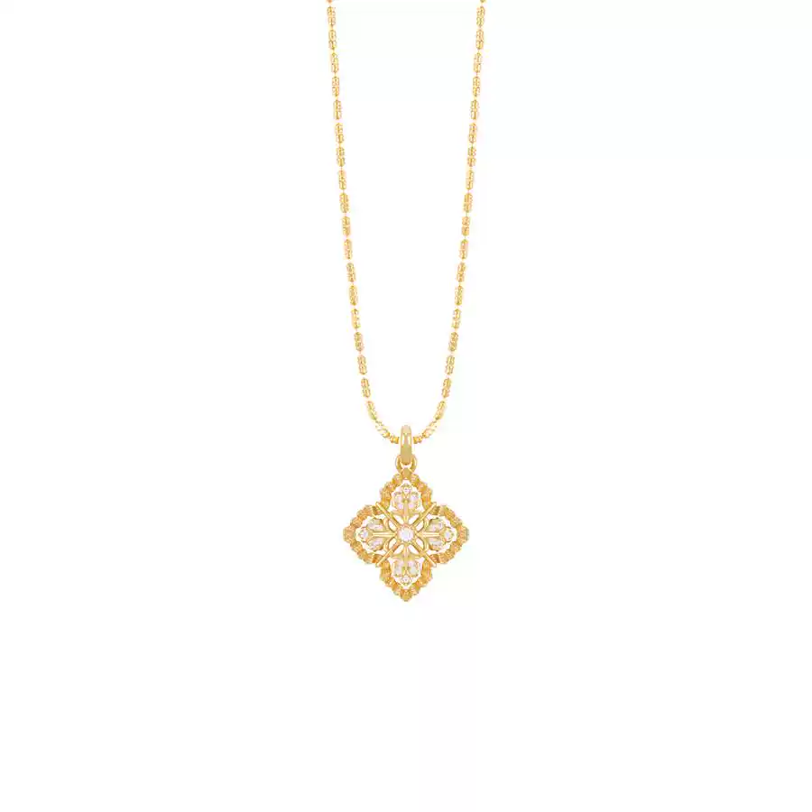 Gold necklace with a diamond pendant on a white background