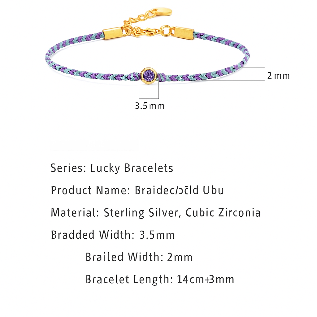 Purple braided bracelet with gold clasp on a white background, showing measurements and product details.