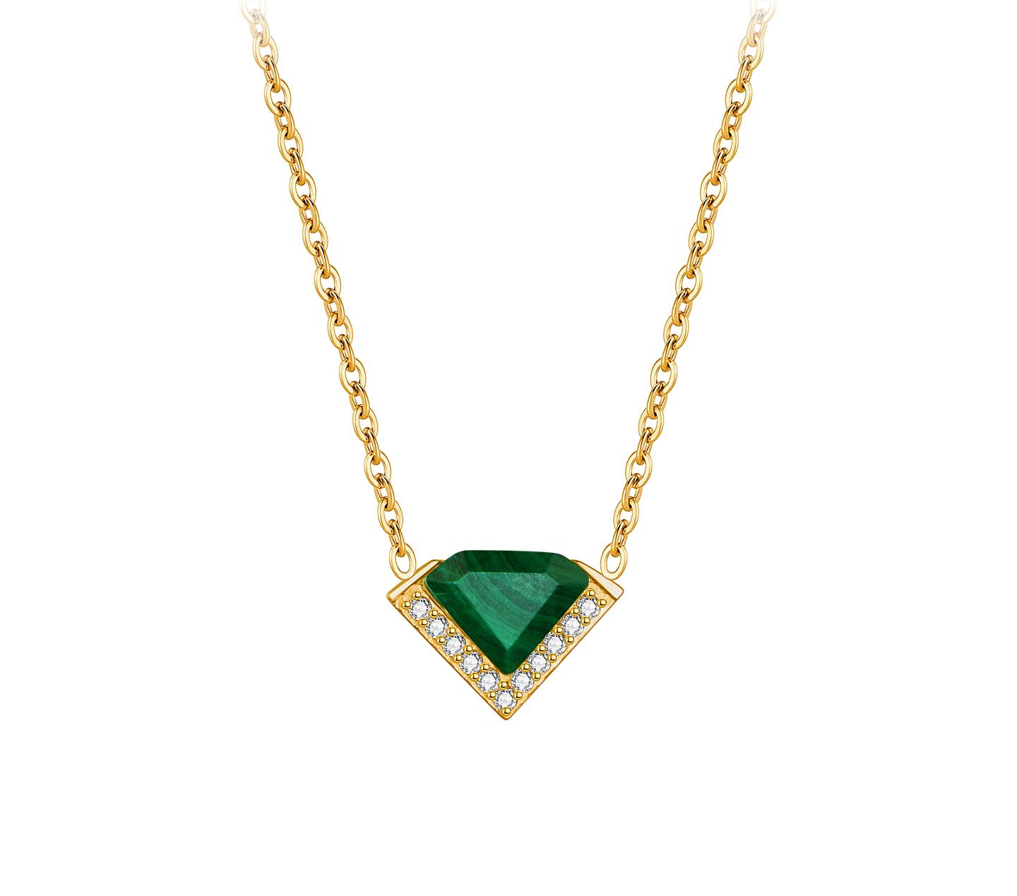 Gold necklace with a green gemstone pendant on a white background