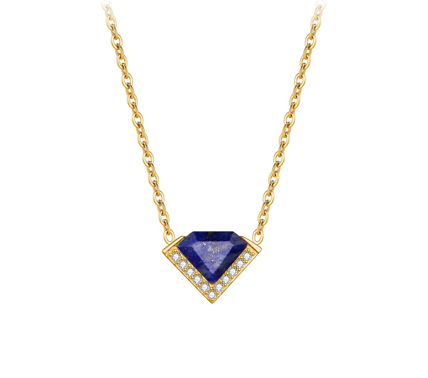 Gold necklace with a blue gemstone pendant on a white background