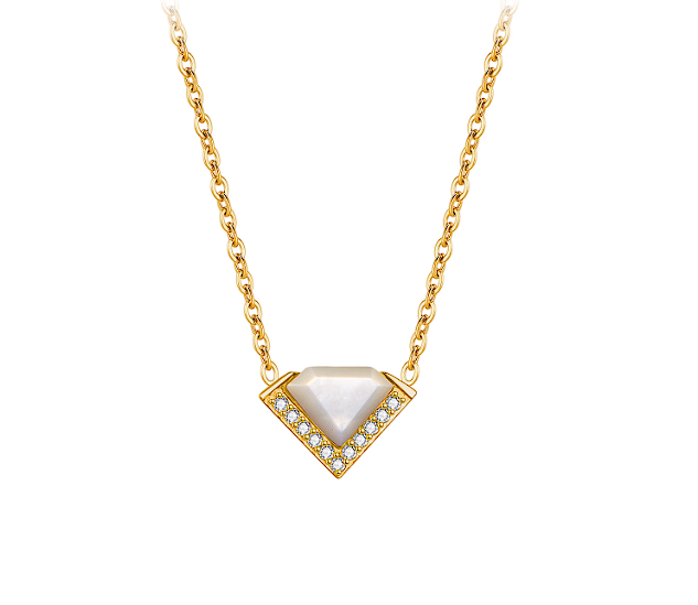 Gold necklace with a triangular pendant on a white background