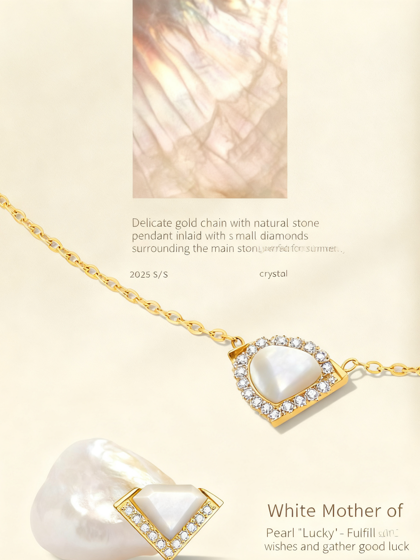 Gold necklace with a heart-shaped white stone pendant on a beige background
