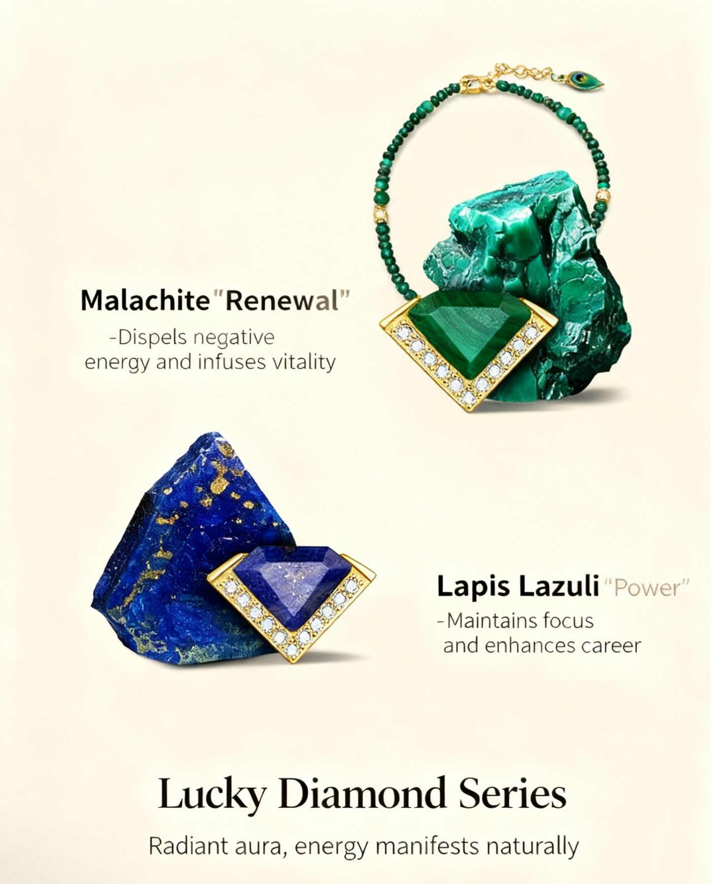 Jewelry set with malachite and lapis lazuli stones on a light beige background.