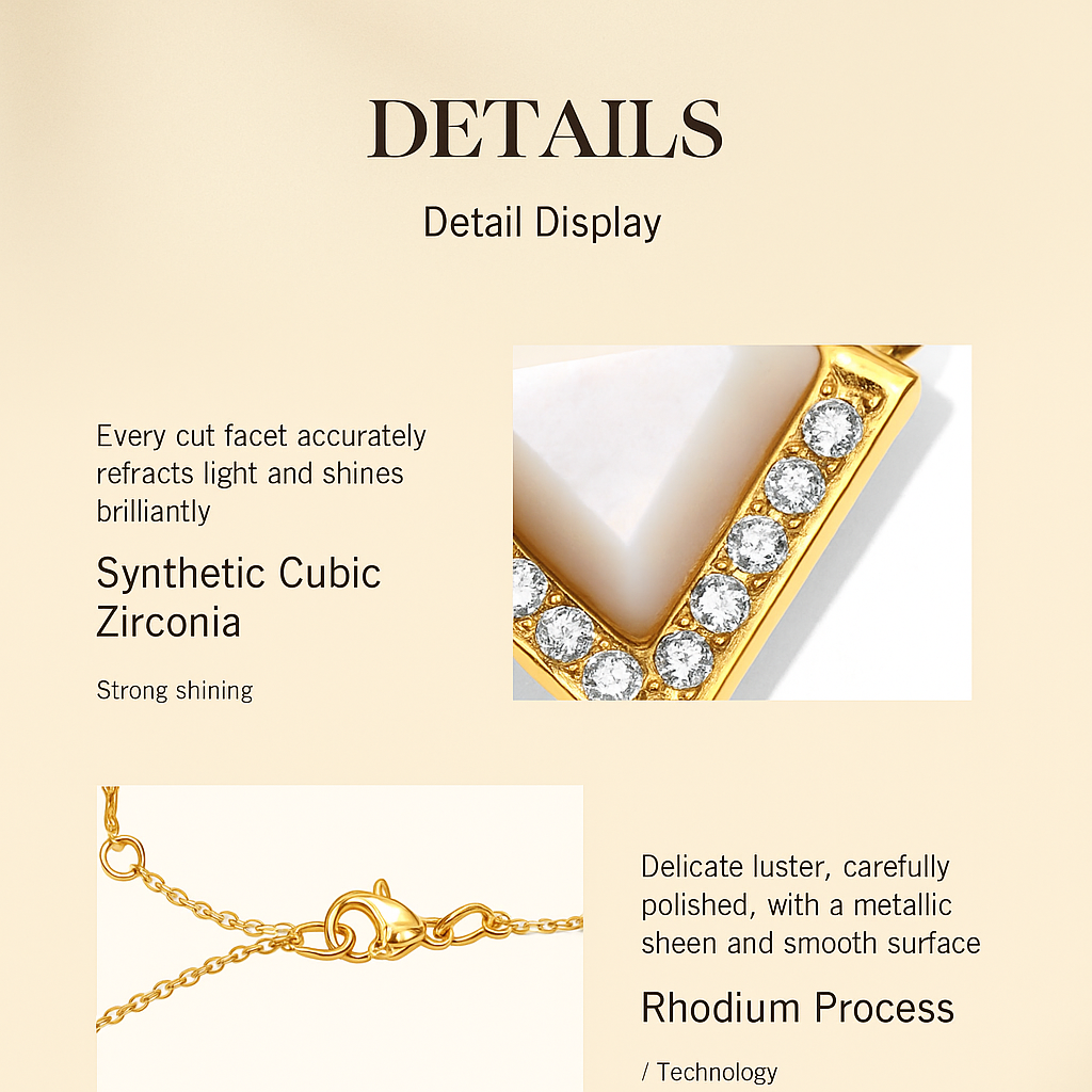 Jewelry details with synthetic cubic zirconia and rhodium process on a beige background