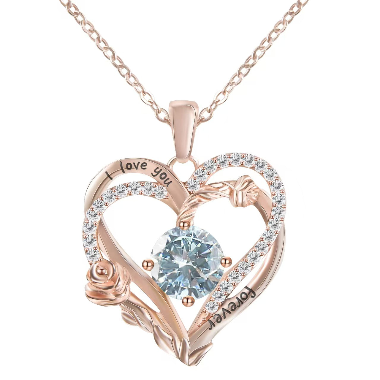 Heart-shaped rose gold pendant with blue gemstone and 'I love you' engraving on a white background