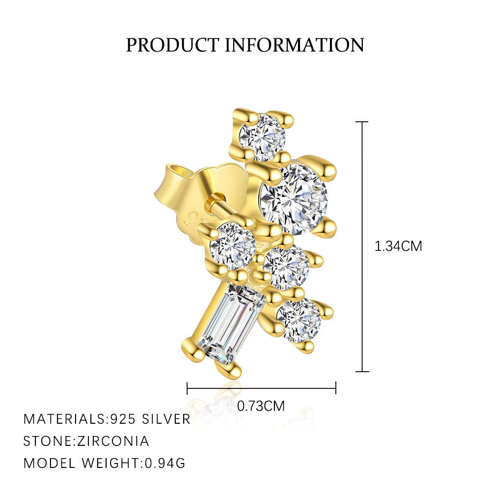 Gold earring with zirconia stones and product information on a white background