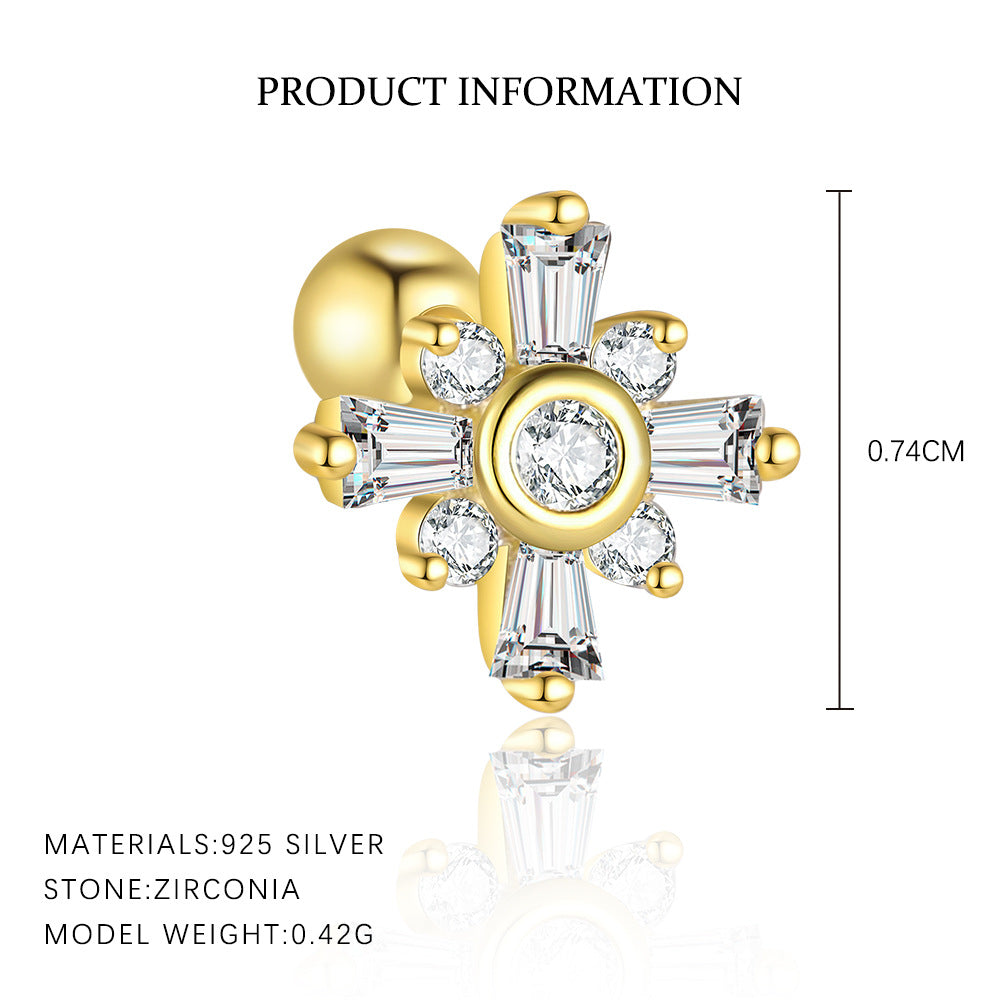 Gold and silver earring with zirconia stones and product information on a white background