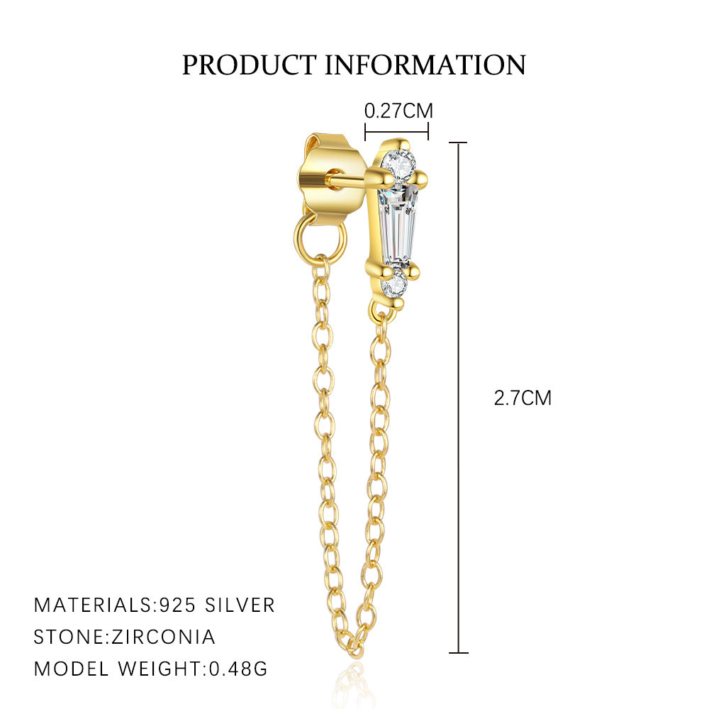 Gold earring with chain detail and product information on a white background