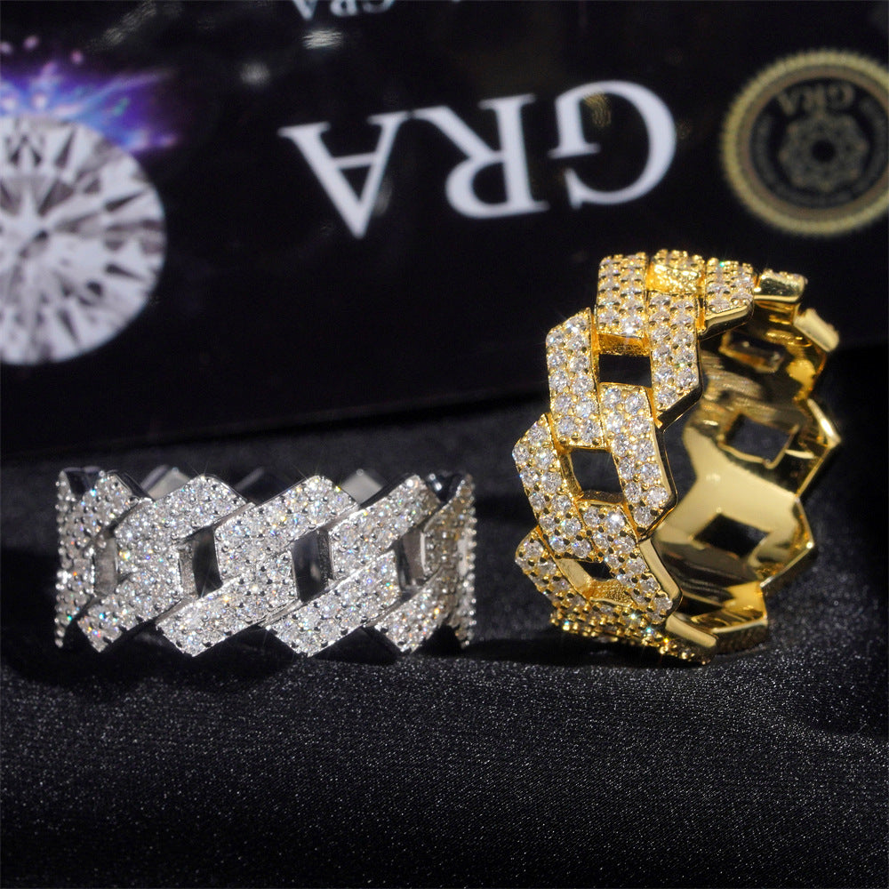 Gold 2-row cuban ring on neutral background, showing double pavé sparkle. Alt: “Moissanite 2-Row Cuban Link Ring – 18K Gold.”