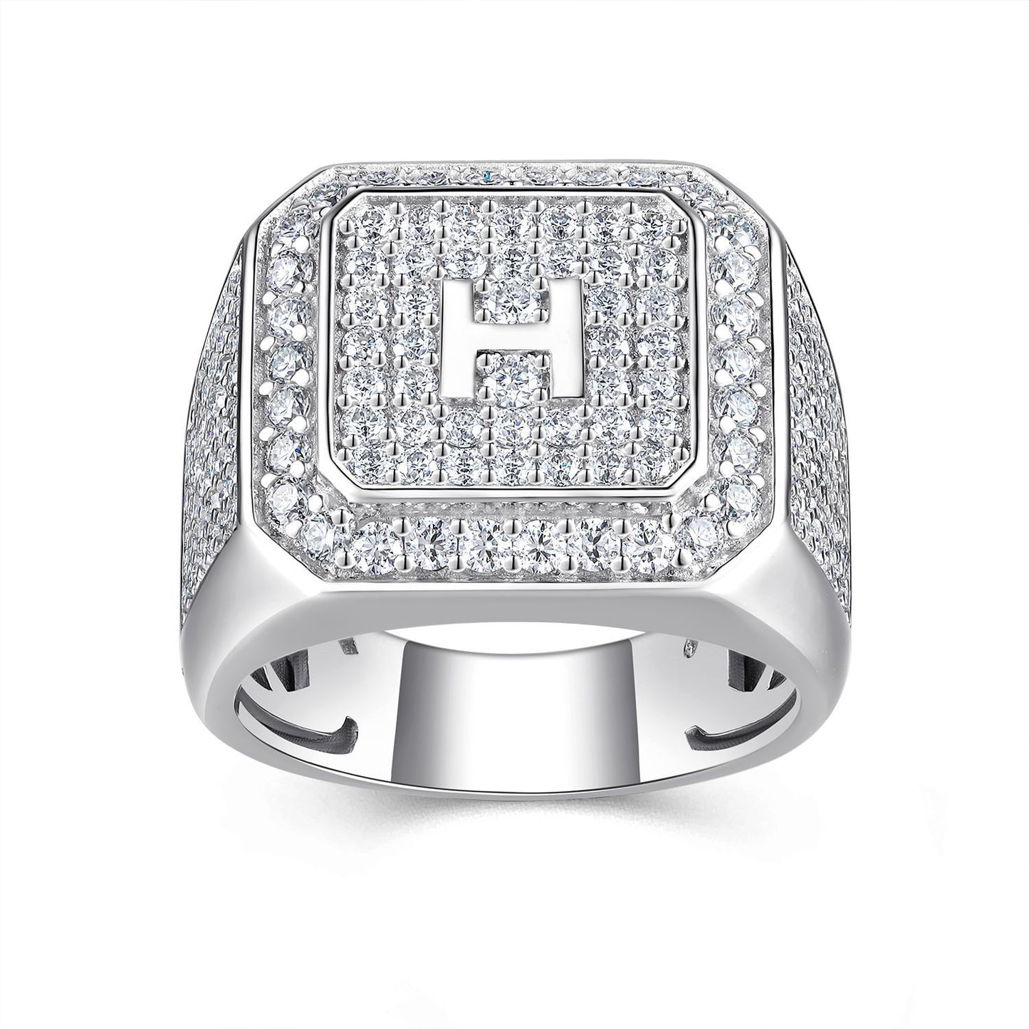 Silver ring with 'H' emblem on a white background