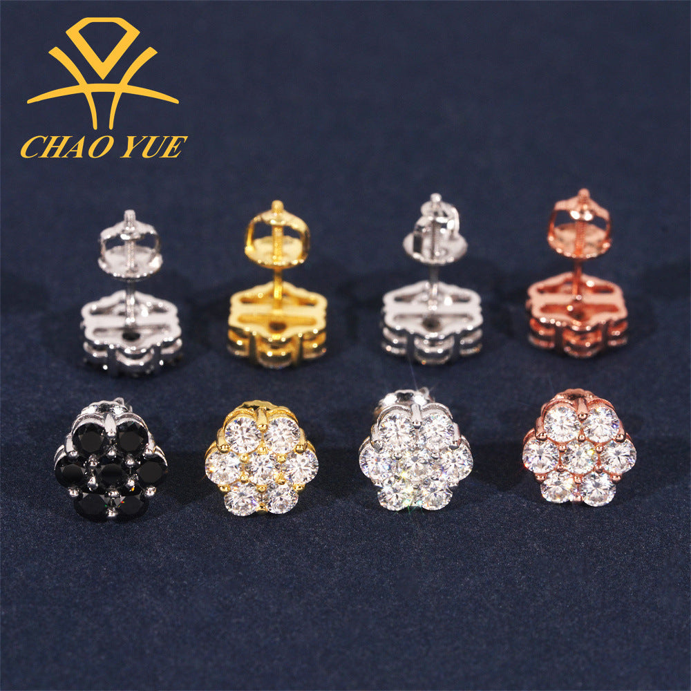 Set of earrings in various colors on a dark background with Chao Yue logo.