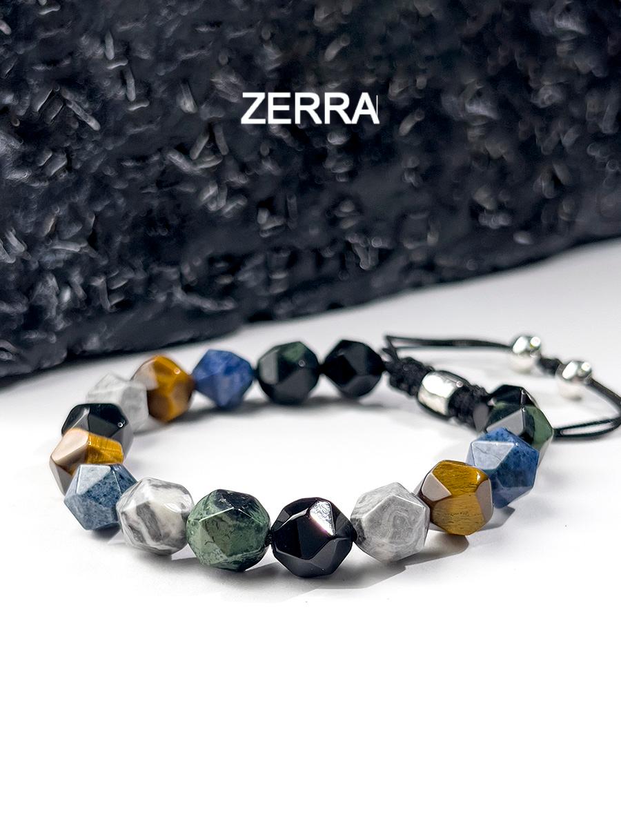 Multicolored beaded bracelet on a white surface with 'Zerra' branding.
