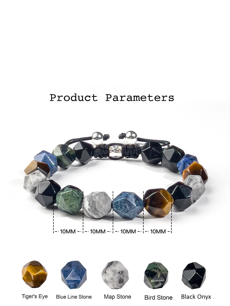 Multicolored beaded bracelet with product parameters on a white background