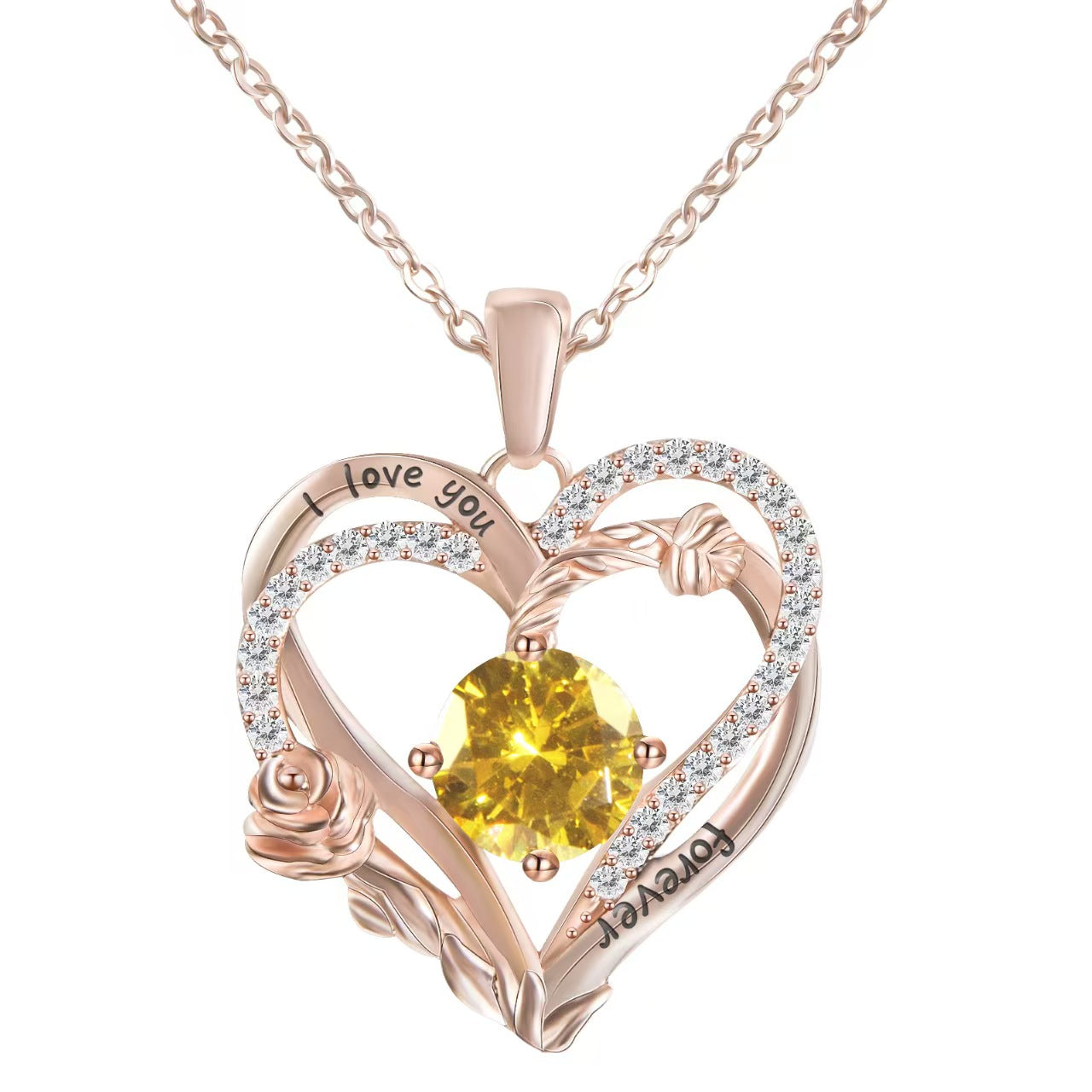 Heart-shaped pendant with yellow gemstone and rose gold chain on white background