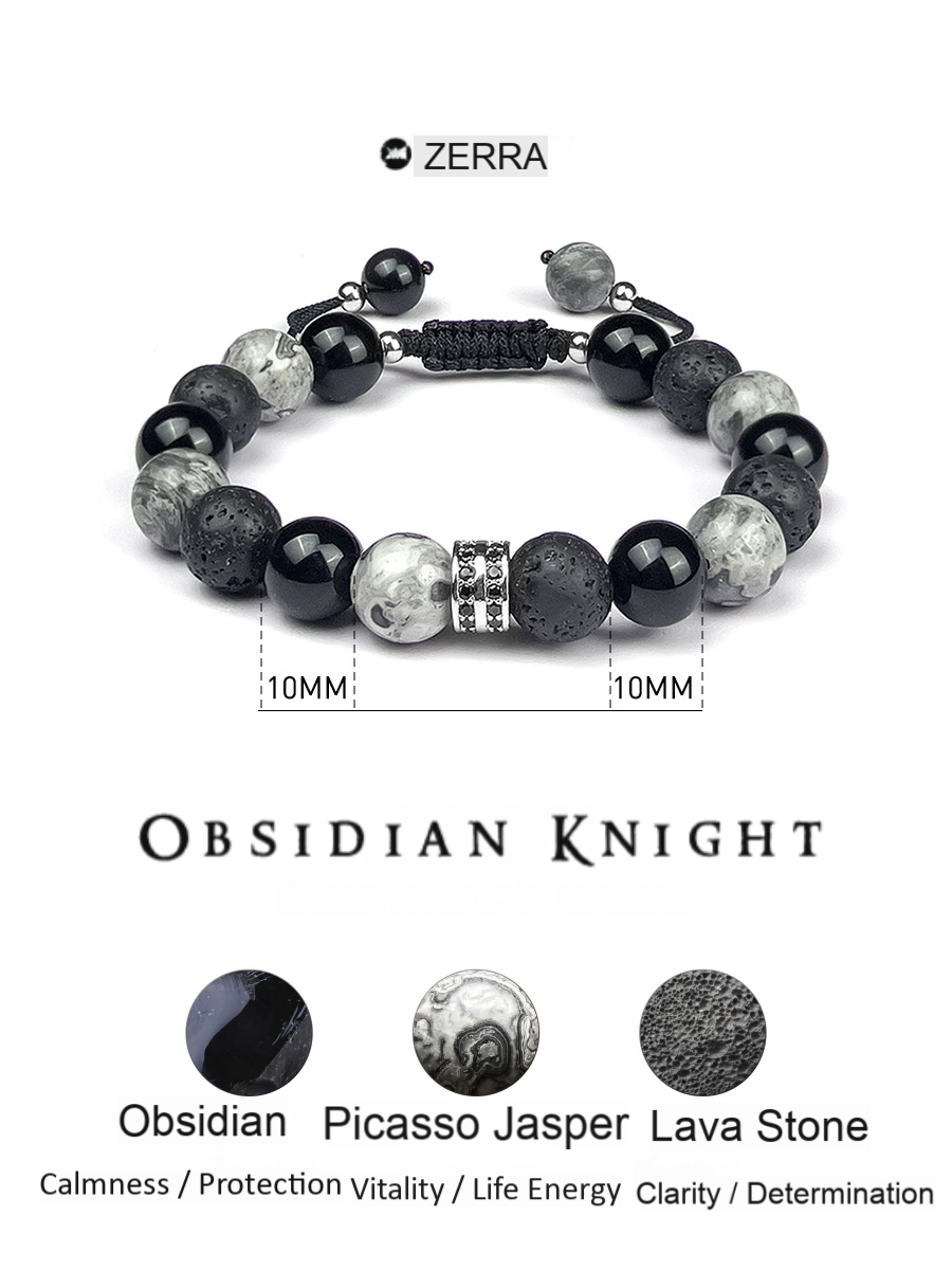 Zerra Obsidian Knight bracelet with measurements and stone types on a white background