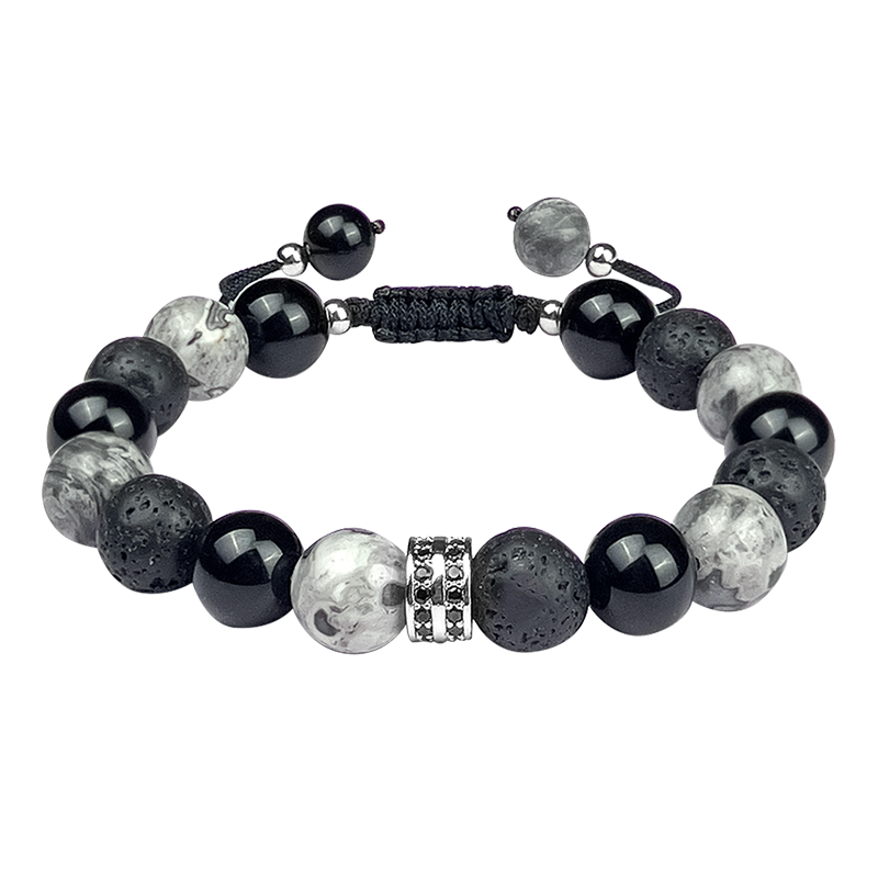 Bracelet with black, gray, and white beads on a white background
