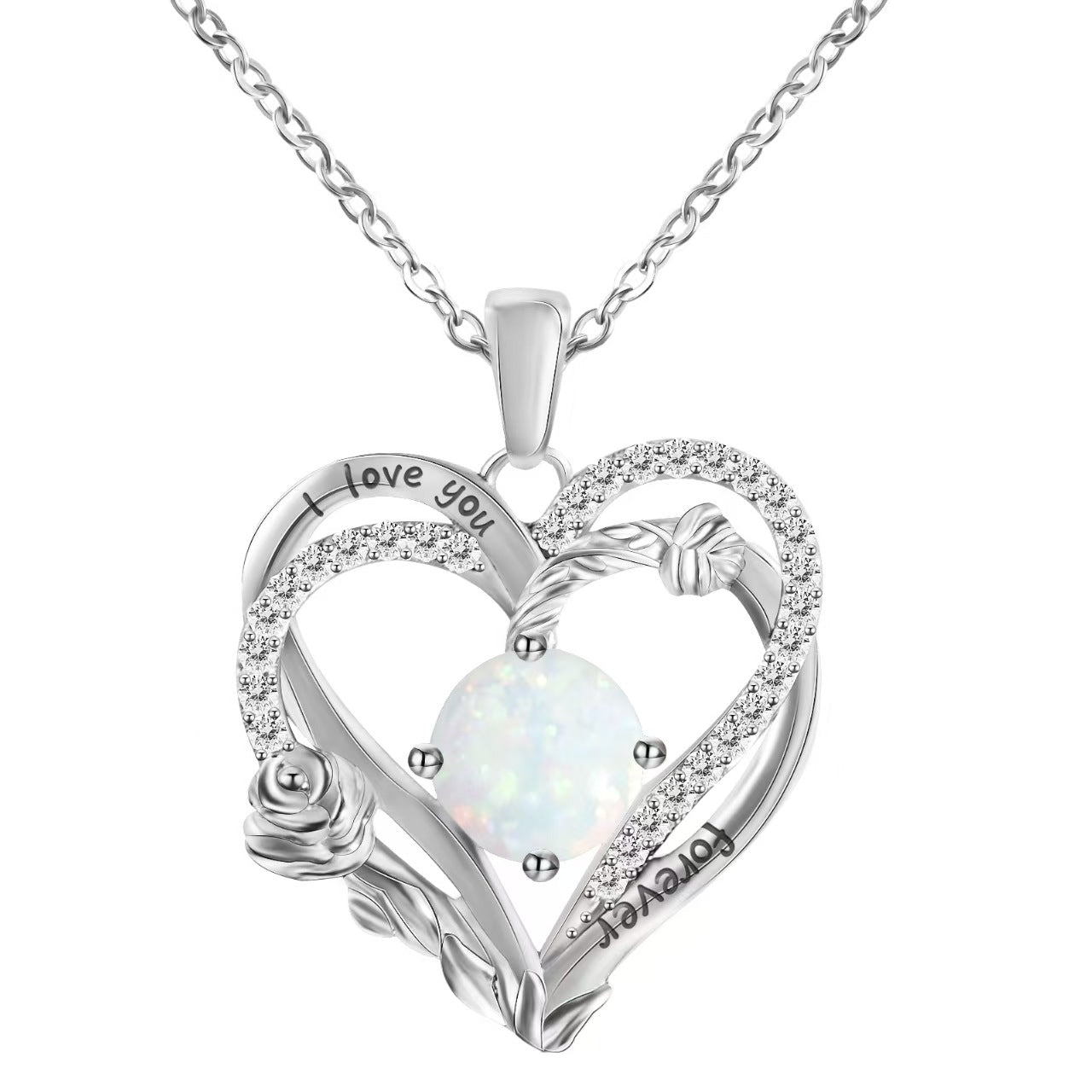 Heart-shaped silver pendant with 'I love you' engraving and opal stone on a white background