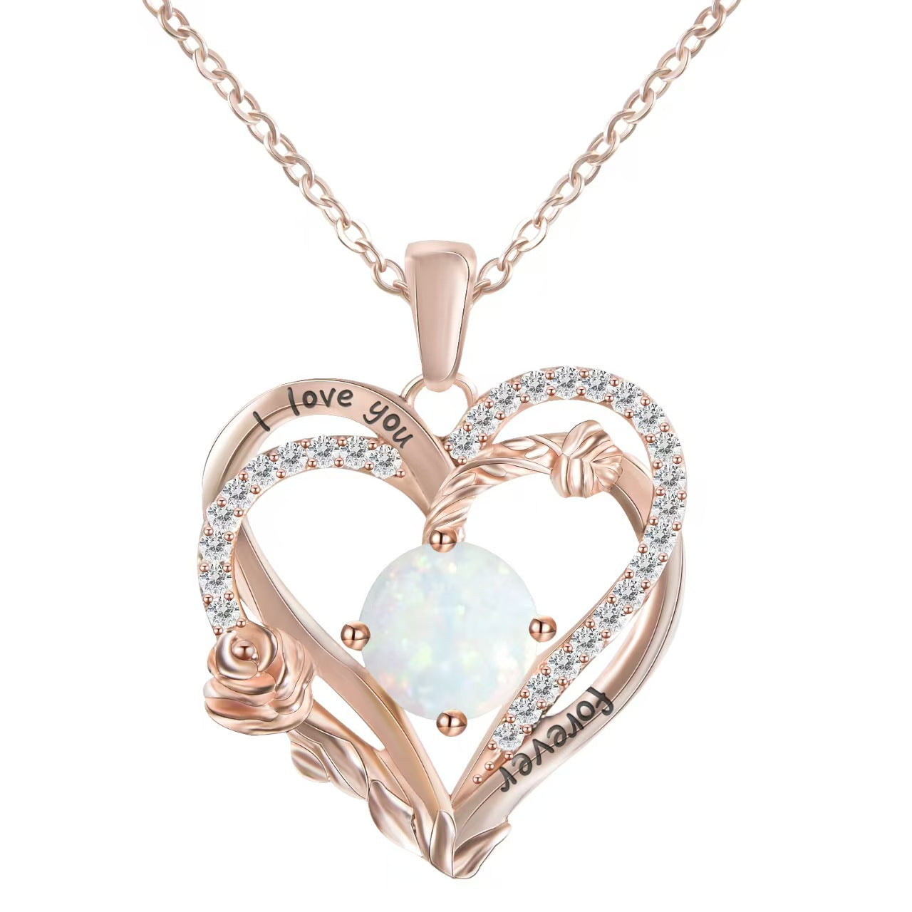 Rose gold heart-shaped pendant with 'I love you' engraving on a white background