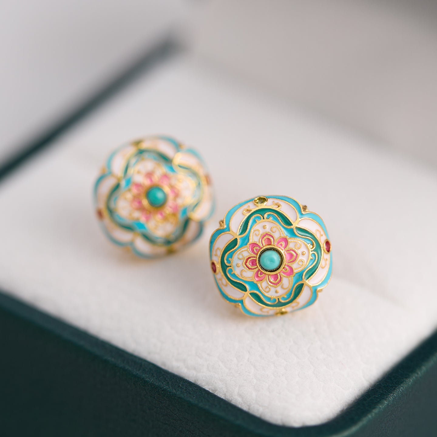 “Pine Blossom Enamel Stud Earrings – Oriental handcrafted design in sterling silver”