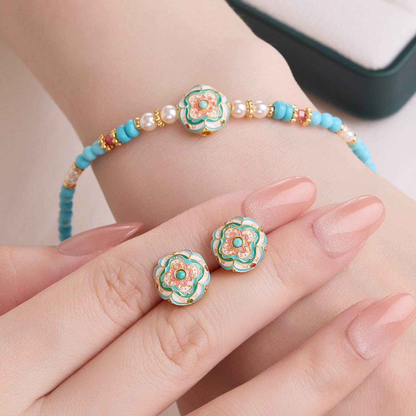“Pine Blossom Enamel Stud Earrings – Oriental handcrafted design in sterling silver”