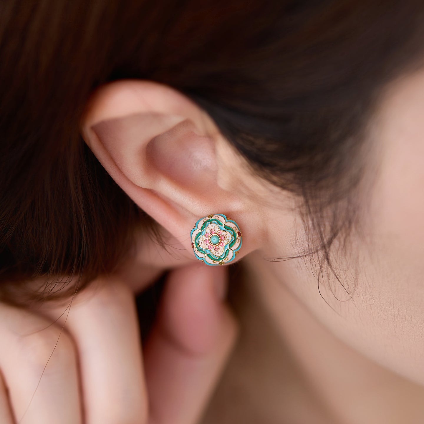 “Pine Blossom Enamel Stud Earrings – Oriental handcrafted design