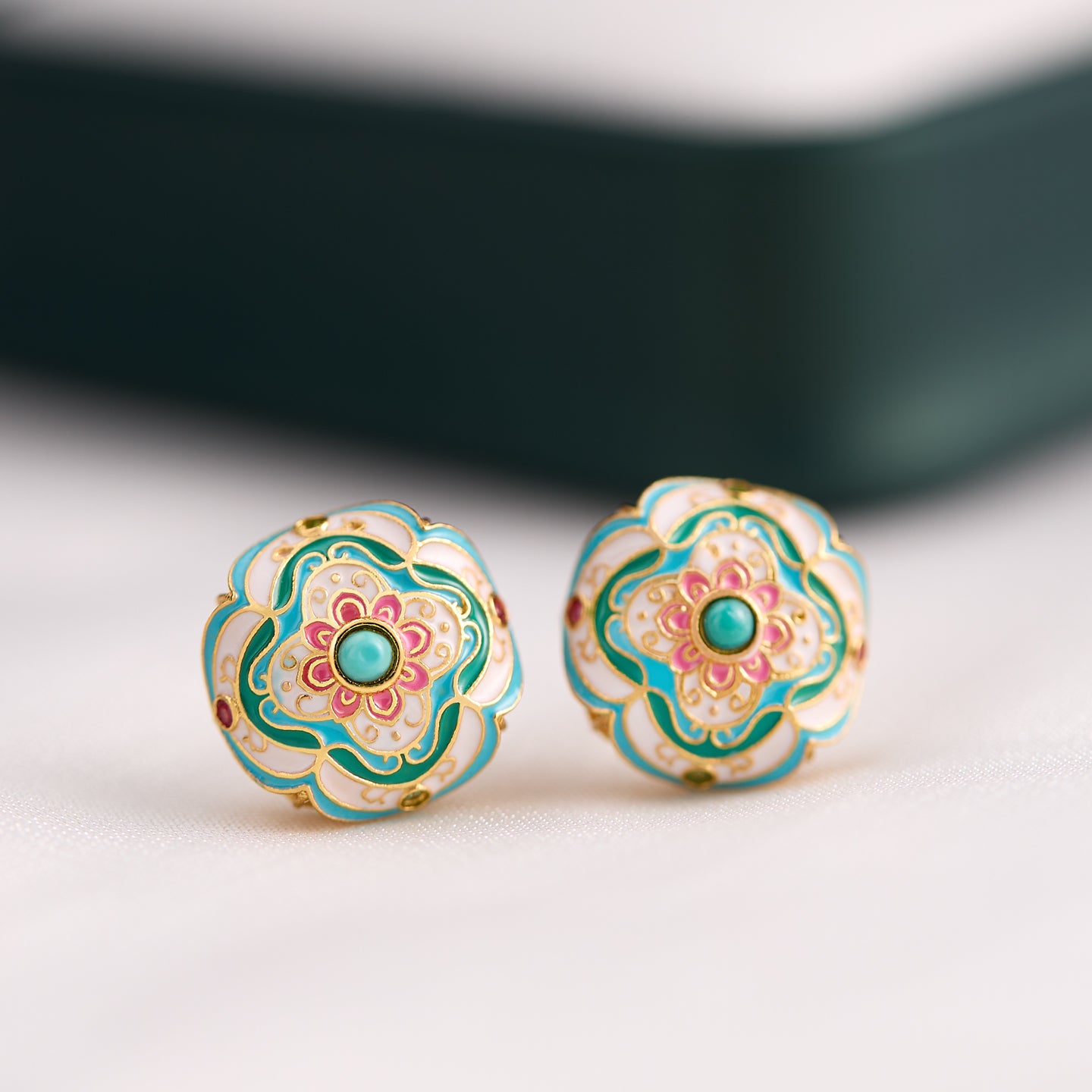 “Pine Blossom Enamel Stud Earrings – Oriental handcrafted design in sterling silver”