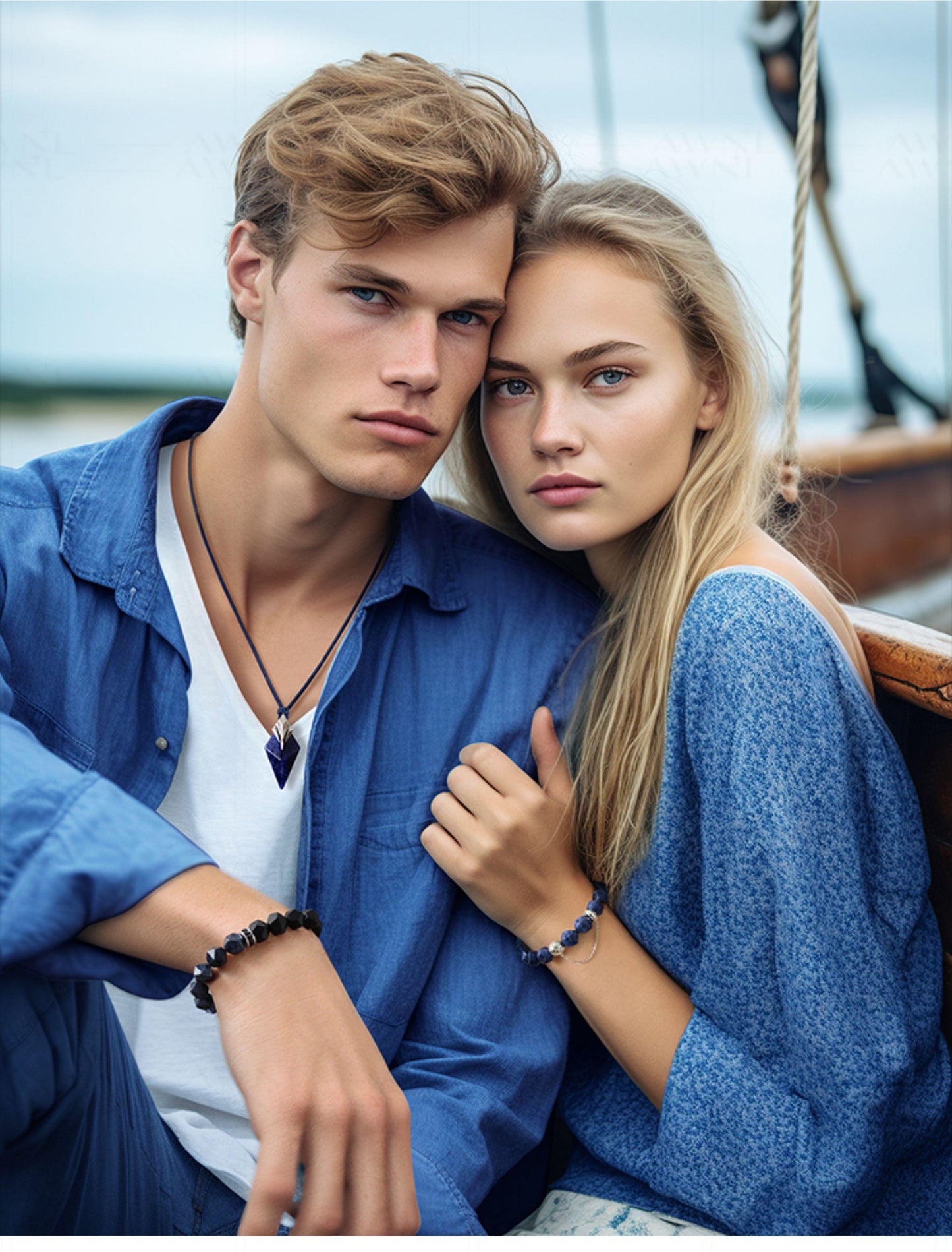 Two people sitting close together on a boat, wearing blue and white clothing.