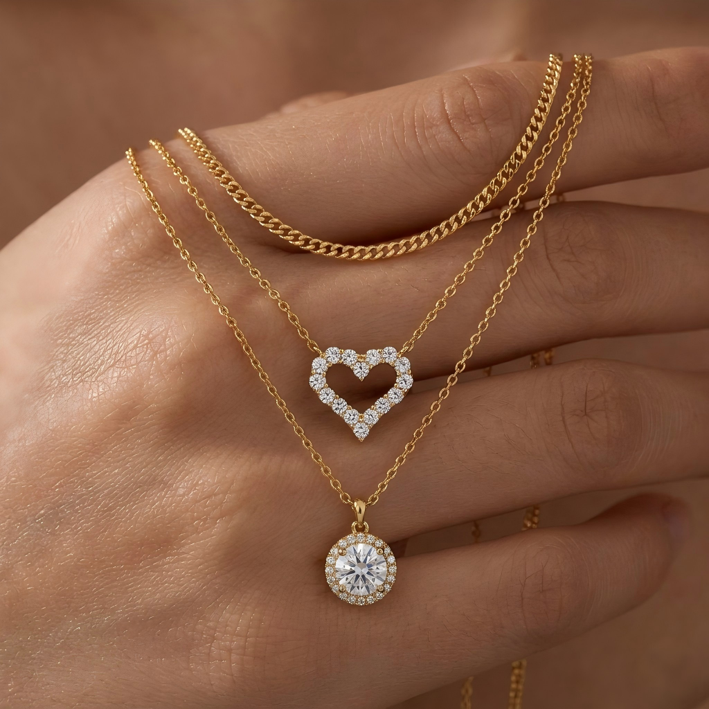 Macro, necklace draped across female hand, natural curve, warm soft light, mirror metal shine, sharp sparkle, blurred skin background, detailed texture, intimate luxury feel.