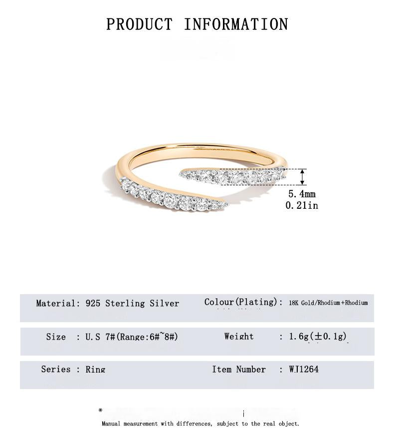 S925 Sterling Silver Adjustable Open RingGold ring with diamond accents on a white background, featuring product information text.