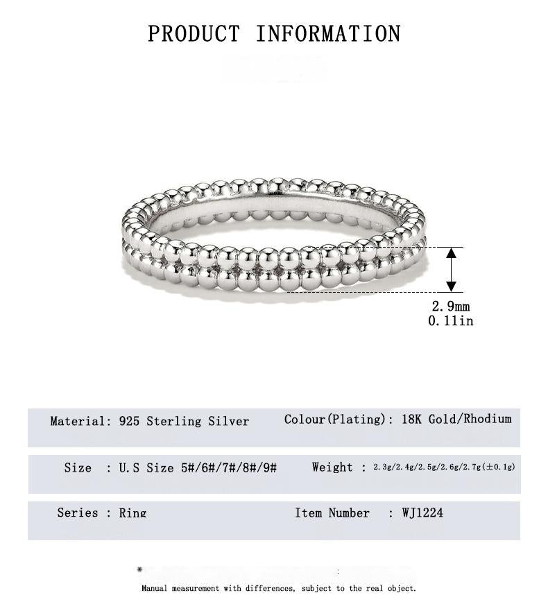 S925 Sterling Silver Double Beaded Ring with product information on a white background