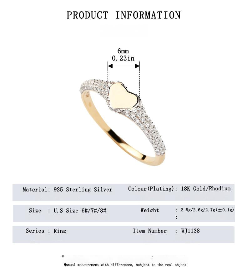 S925 Sterling Silver Heart Signet RingGold and silver ring with heart design and product information on a white background
