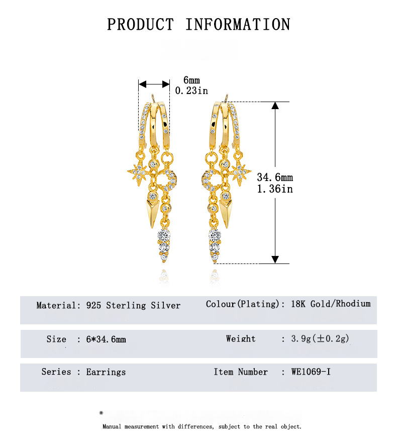 Gold S925 Sterling Silver Nyx Stars & Moon Earrings, shown with measurements and product details.