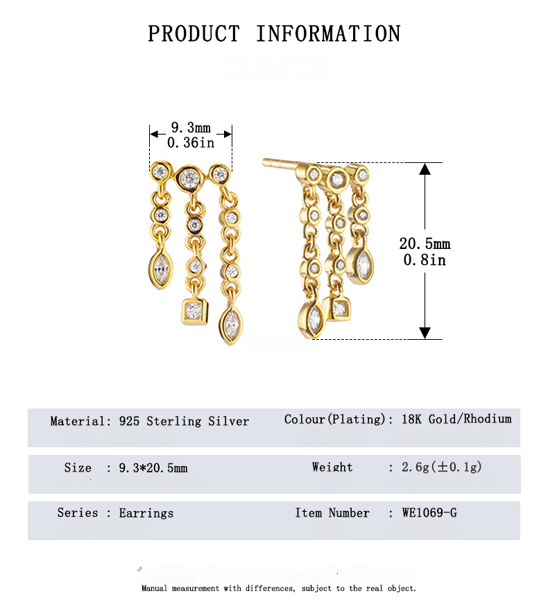 Gold S925 Sterling Silver Paros Illusion Earrings with chain design and measurement details on a white background