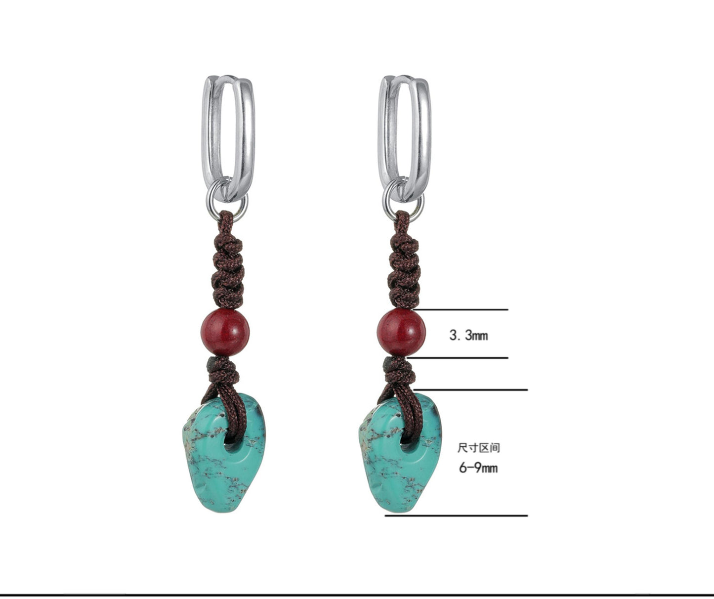 “Handcrafted raw turquoise cinnabar earrings worn with boho outfit”