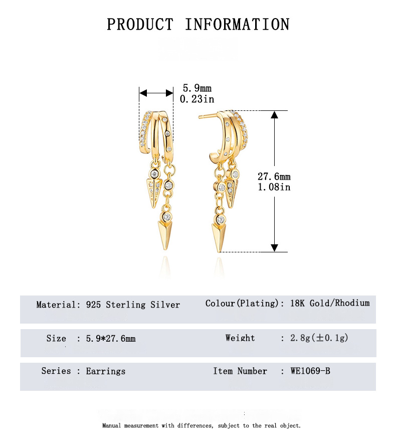 Gold hoop earrings with spike details and measurement chart on a white background