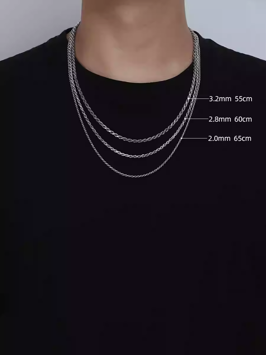 Three silver necklaces of different thicknesses worn on a black shirt with measurements displayed.