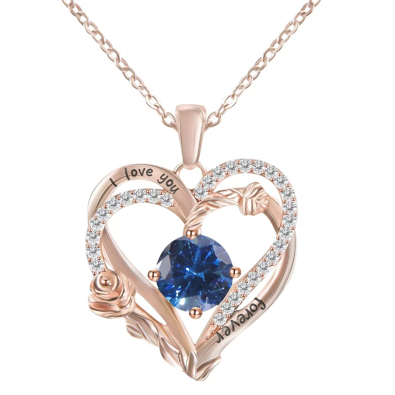 Heart-shaped pendant with blue gemstone and 'I love you' engraving on a white background