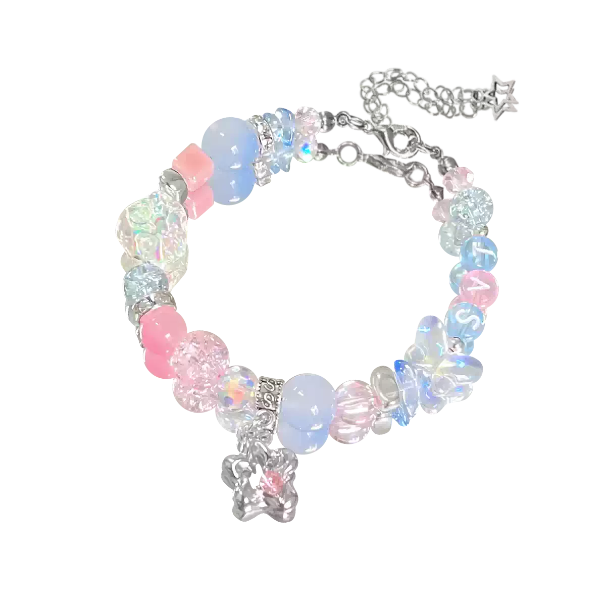 Colorful beaded bracelet with butterfly charms on a white background