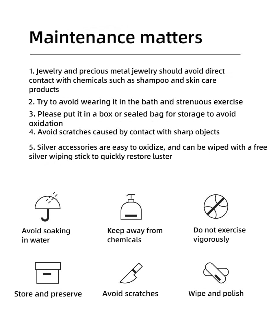 Maintenance instructions for jewelry on a white background