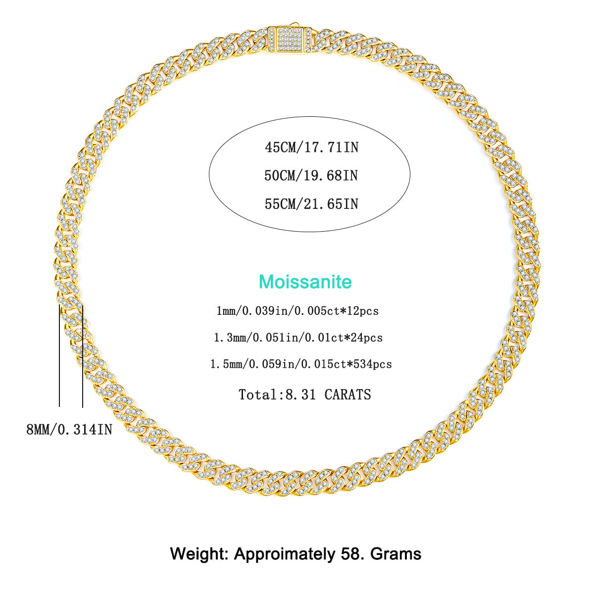 Gold necklace with diamond-like stones and measurement details on a white background