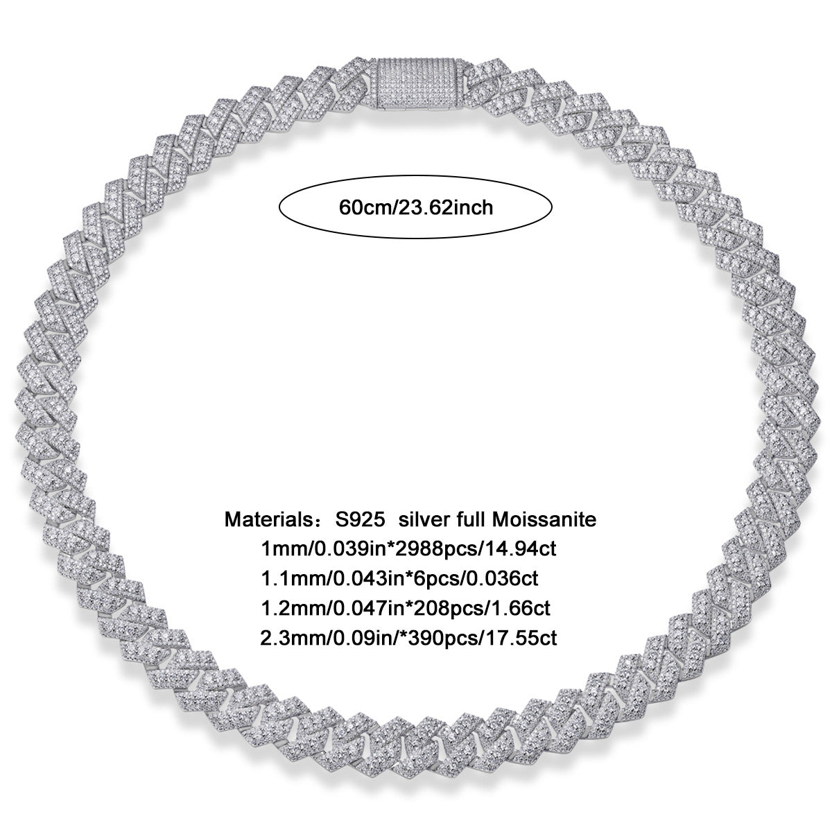 Silver necklace with Moissanite stones on a white background