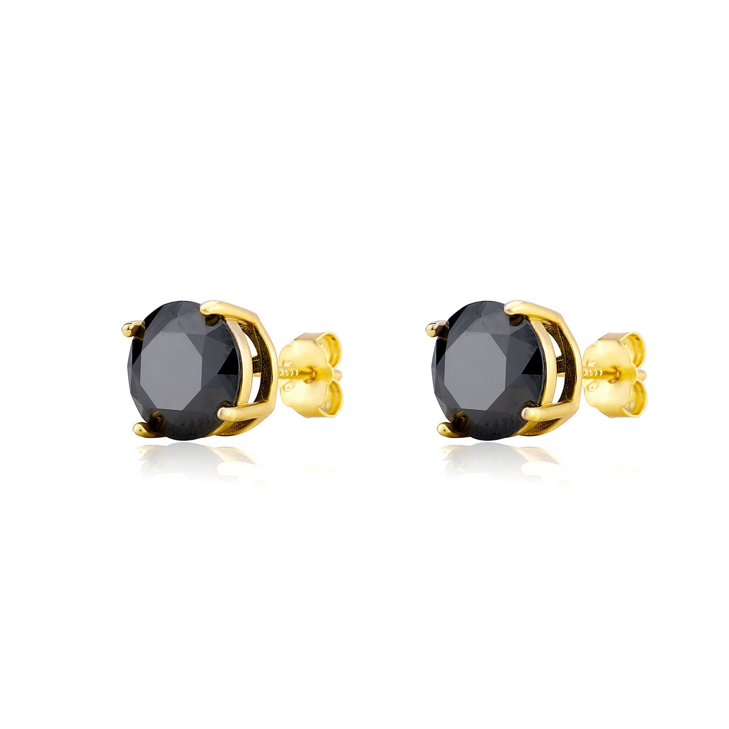 Gold earrings with black gemstones on a white background